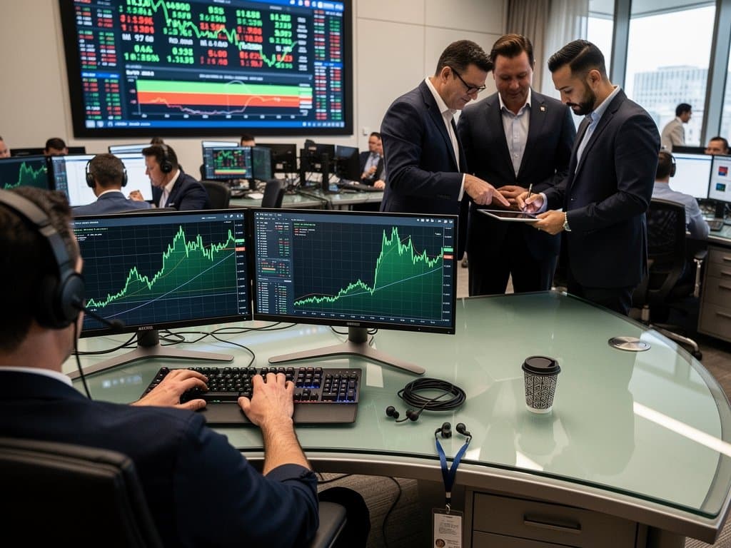 Traders at Goldman Sachs desks monitor ASML charts on Bloomberg terminals amid Nasdaq futures screens and market data displays