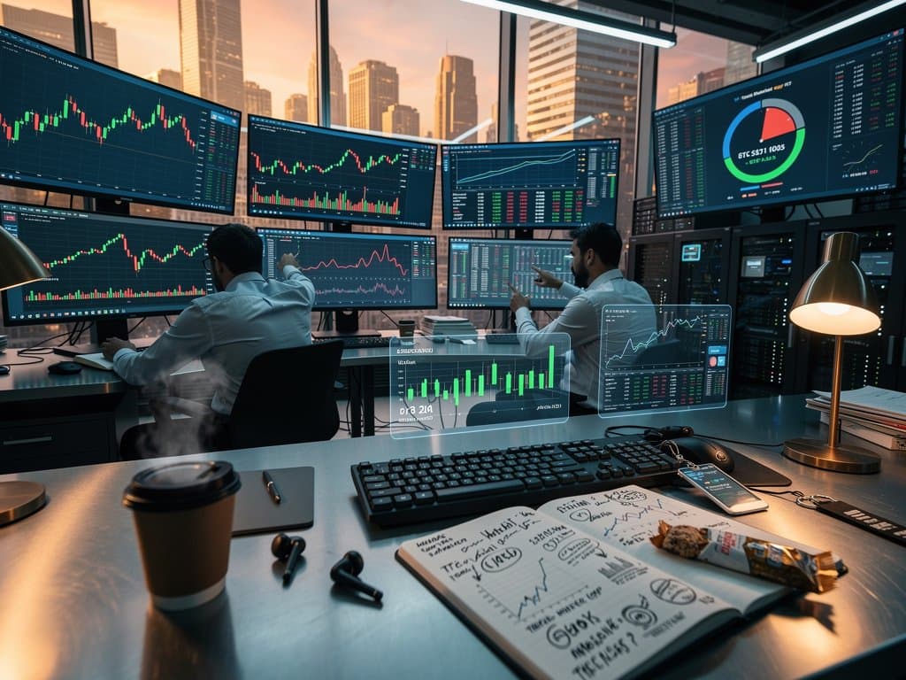 Trading screens show Bitcoin at $77K with short squeeze charts and Fear & Greed Index