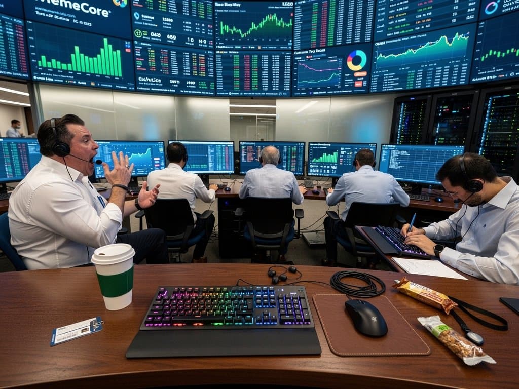 Trading floor with Bloomberg terminals displaying green MemeCore and crypto rally charts, modern desks and real-time data screens