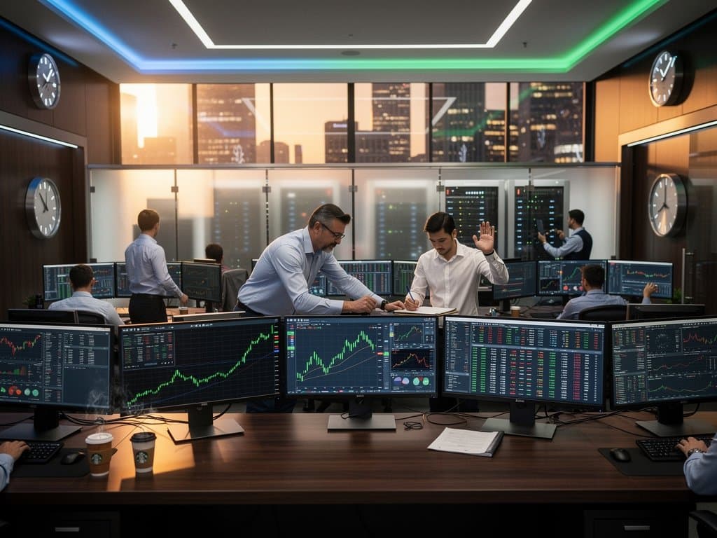 Trading floor screens display BTC at $77K and surging MSTR charts in fintech environment
