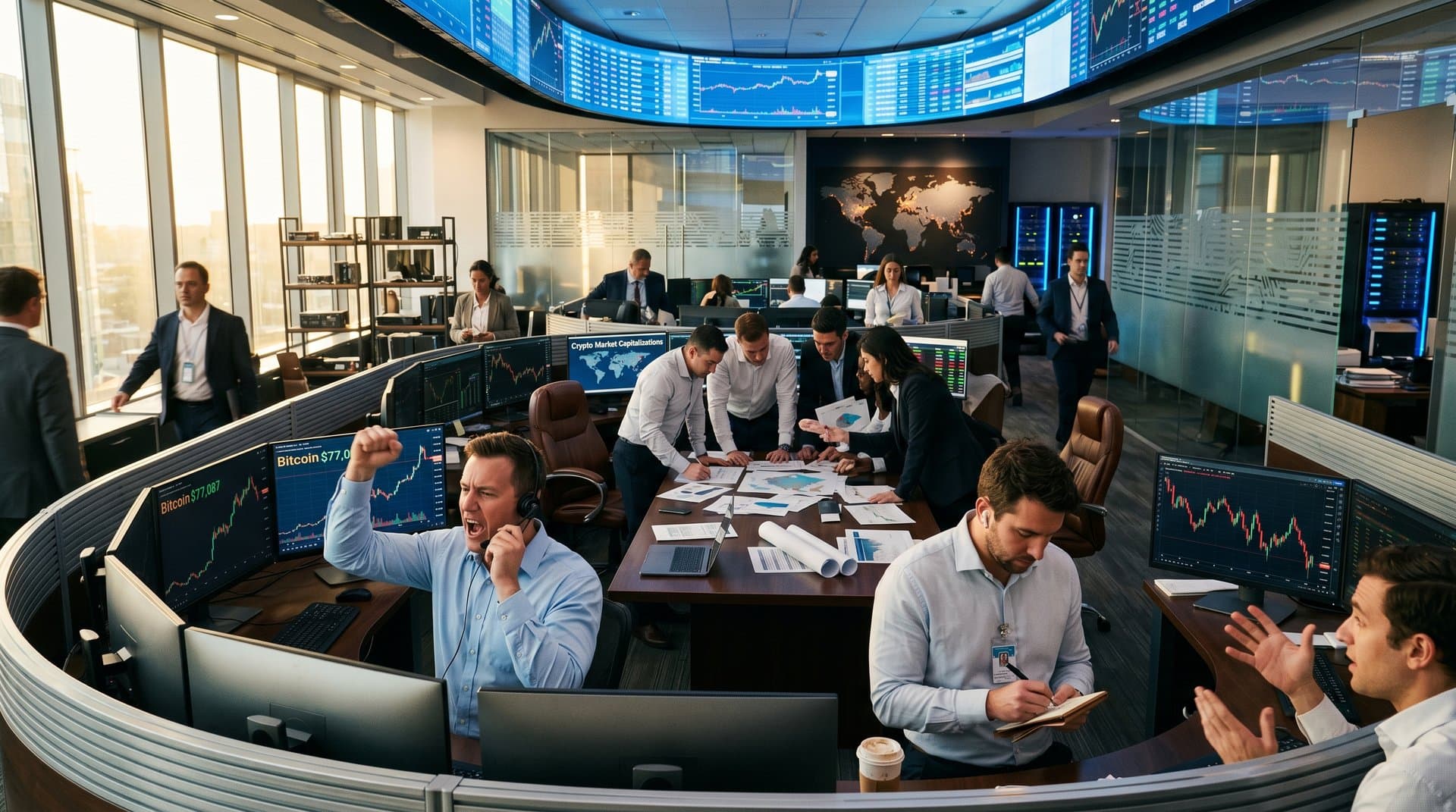 Traders monitor BTC charts and Hormuz maps on trading floor screens amid market tension