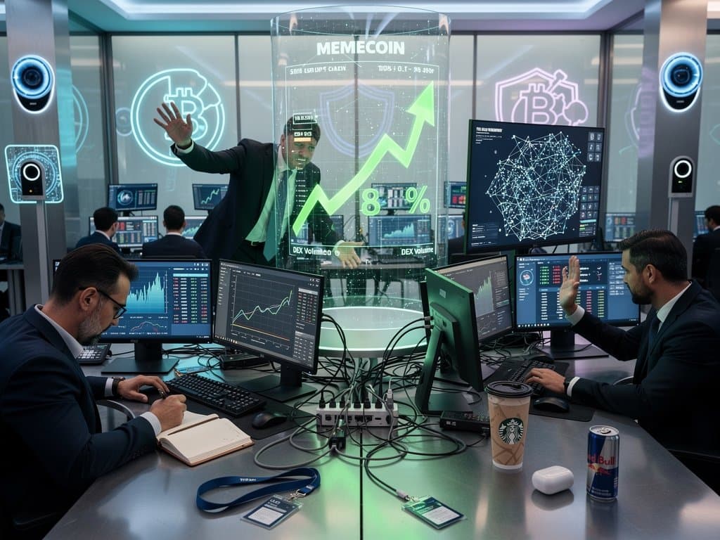 Cybersecurity team monitors MemeCore crypto surge and threats on multi-screen setups in high-tech trading center