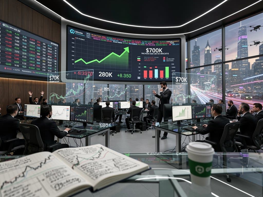 Futuristic screens show Bitcoin surge to $77,156, Fear & Greed at 26, crypto charts and market data amid tensions