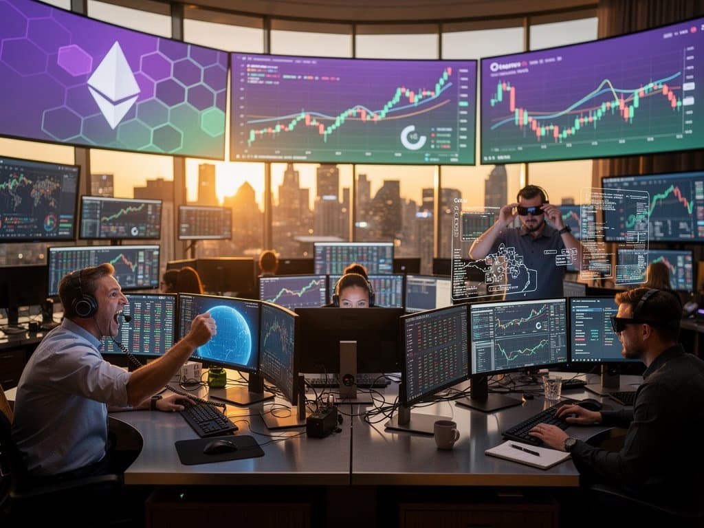 High-tech trading floor with Ethereum price at $2,410 charts, Fear & Greed Index, and blockchain adoption visuals