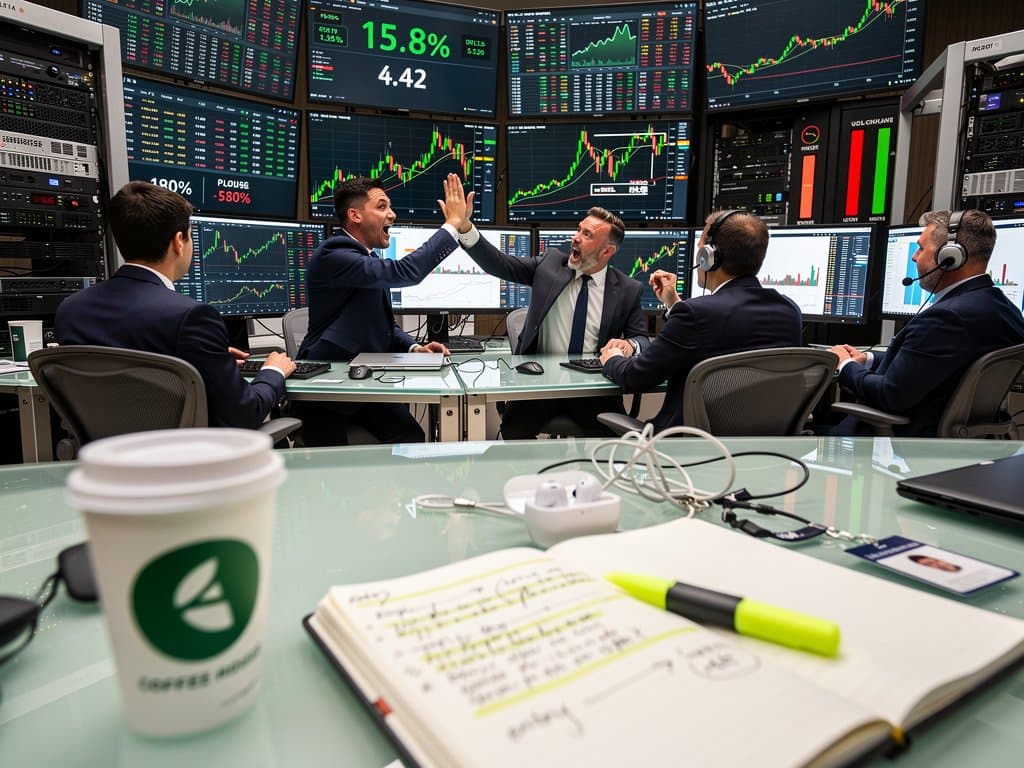 Traders at desks with screens showing MemeCore crypto charts and volatility data in modern trading floor