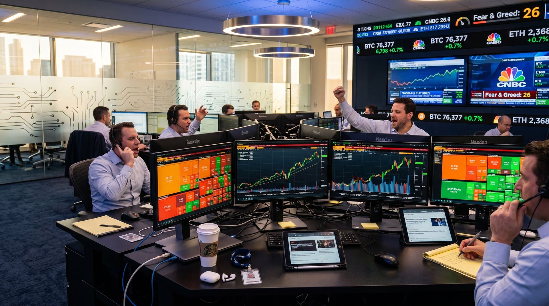 High-tech trading floor with ASML earnings charts, Nasdaq futures, AI heatmaps, and crypto tickers amid surging market momentum