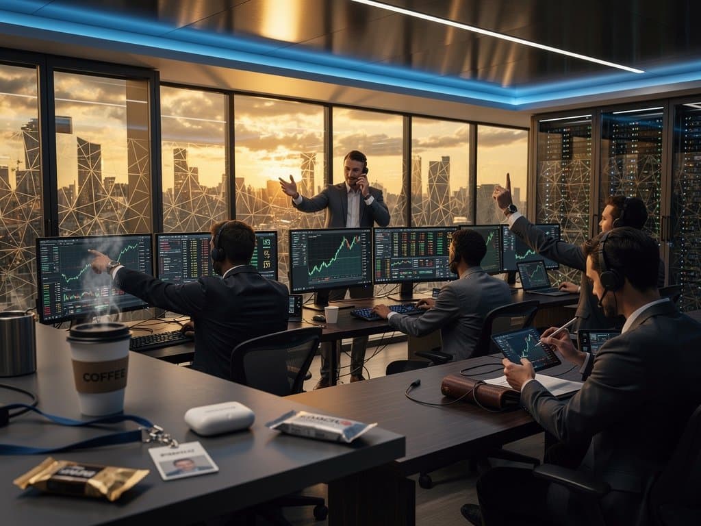 Crypto traders monitor green MemeCore charts on multi-monitors at modern trading desk with city skyline view