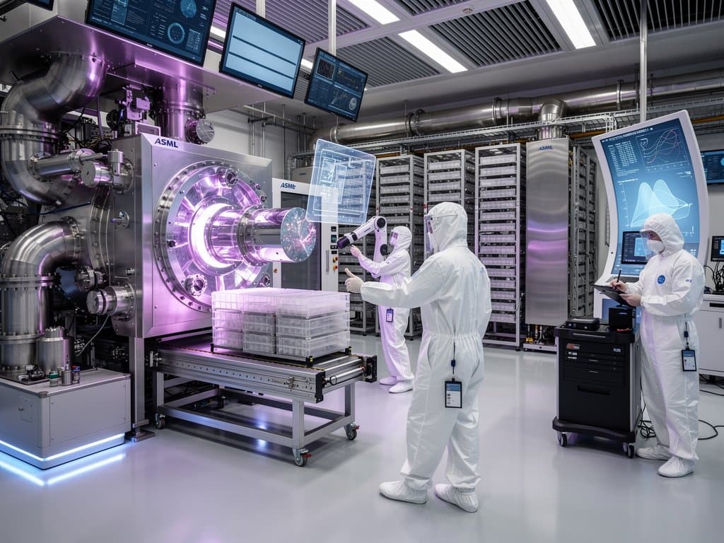 ASML EUV machine in TSMC cleanroom with engineers in suits and glowing lasers