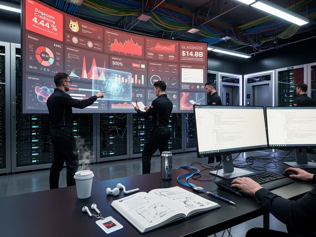 Cybersecurity engineers in high-security data center monitor Dogecoin price drop and cyber threats on advanced screens amid glowing servers
