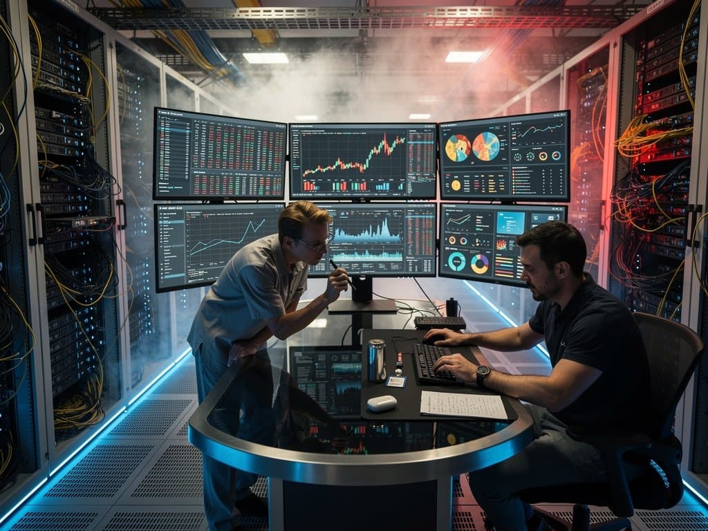 Engineers inspect servers and monitor blockchain logs in a Tier IV data center control room with glowing racks and multiple screens