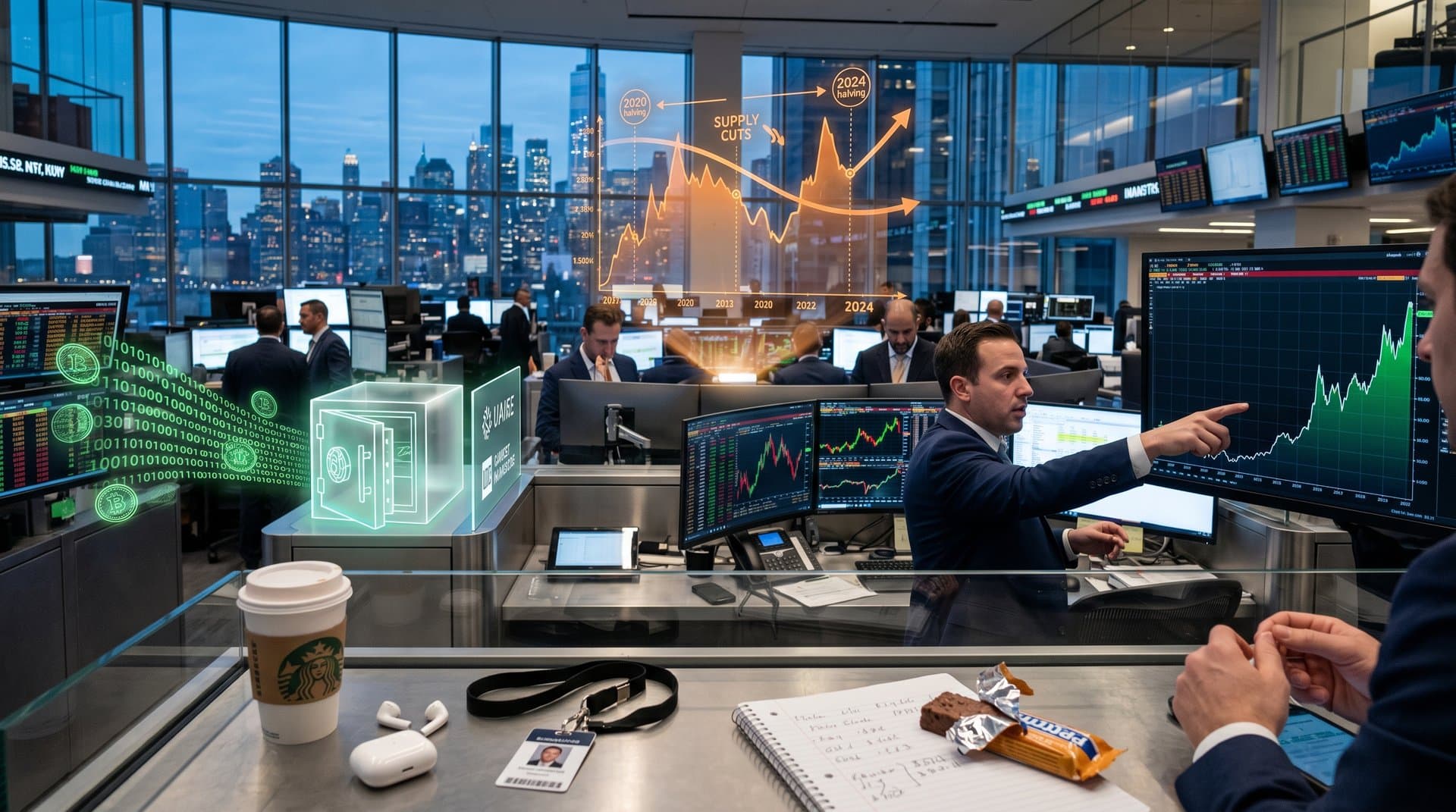 Wall Street trading floor with Bitcoin charts and Fear & Greed Index displays