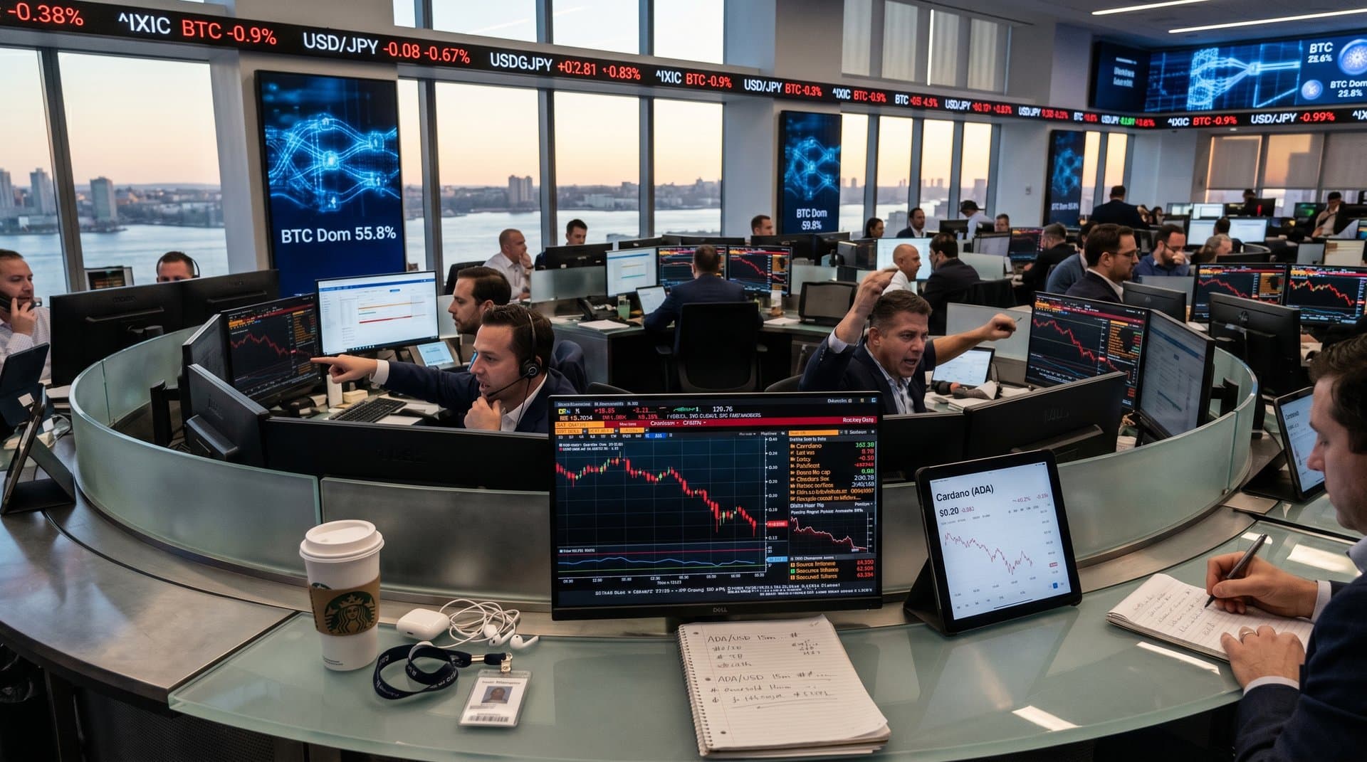 Trading floor with Bloomberg terminals showing red Cardano charts and market data analysis in modern office