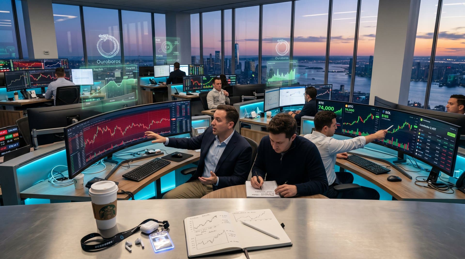 Traders monitor plunging Cardano ADA charts on multi-screen setups in modern trading floor