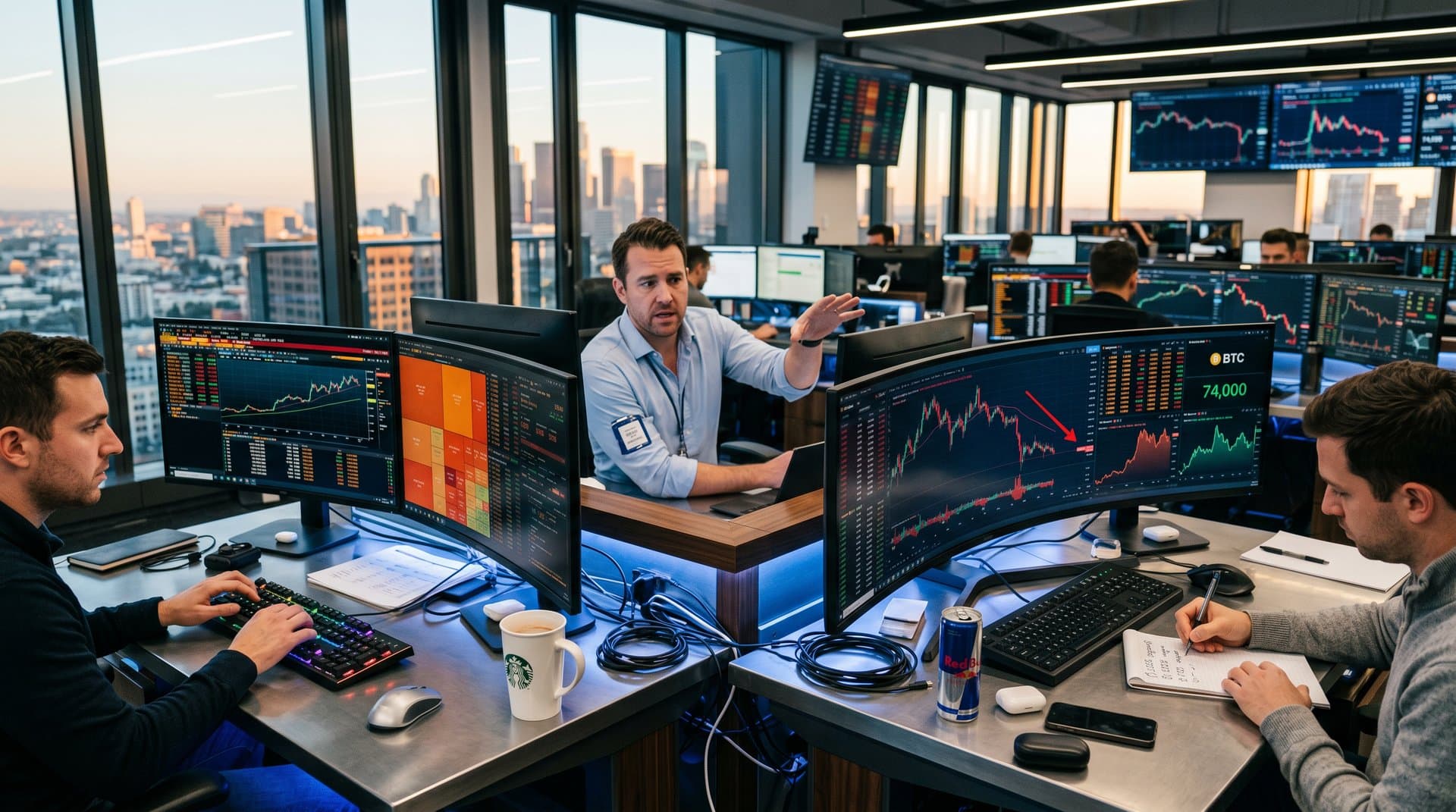 Trading monitors show Dogecoin price drop charts and crypto volatility on modern desk with keyboards and city view