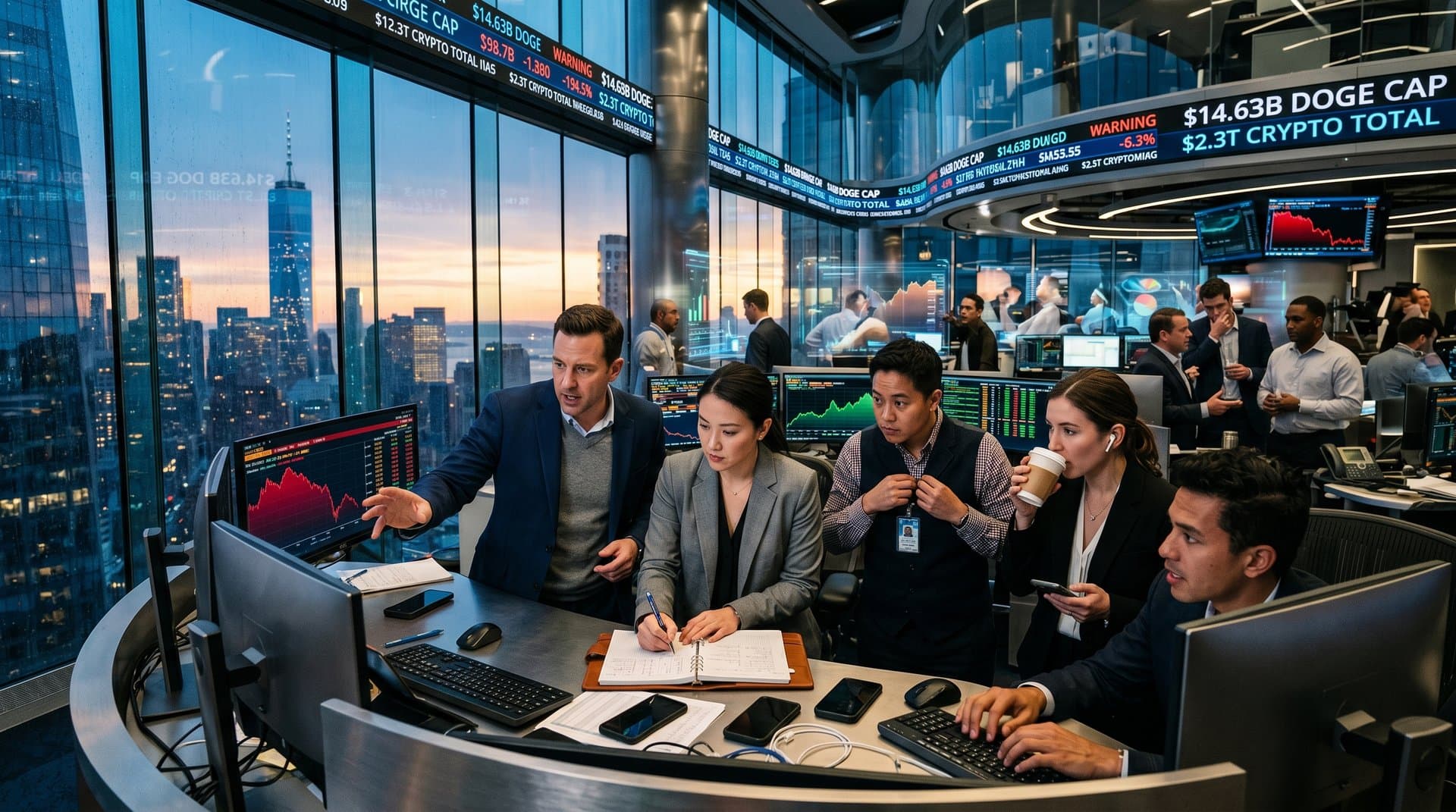 Trading floor analysts track red Dogecoin charts at $0.10 on multi-monitors amid market data screens