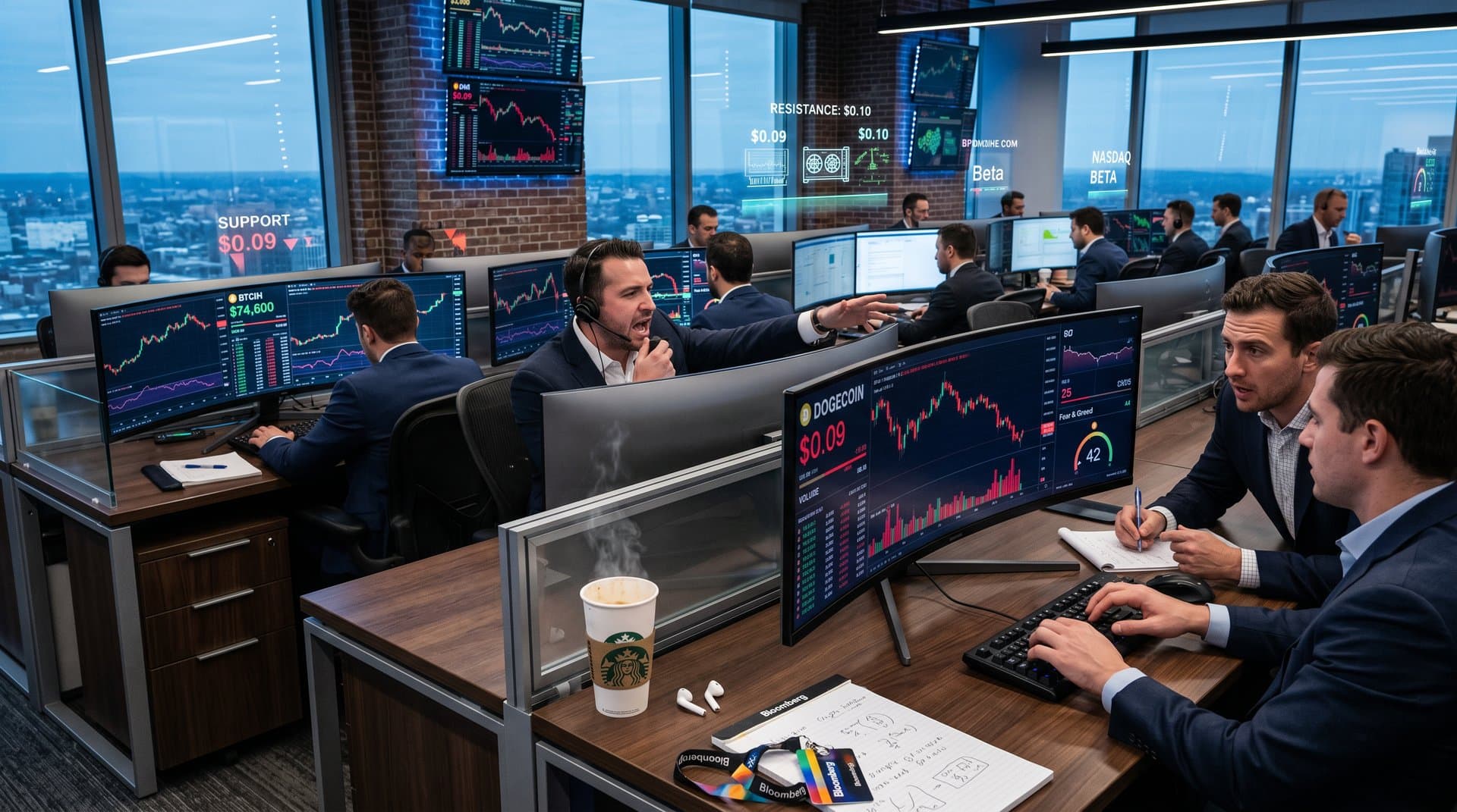 Crypto trading screens show Dogecoin price drop to $0.09 amid meme coin charts and market data