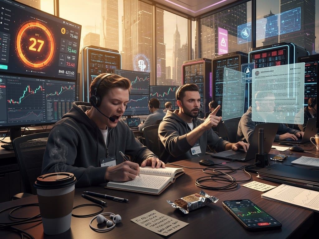 Crypto traders monitor BTC and BNB charts with Fear Index on high-tech screens in neon-lit trading room overlooking skyline