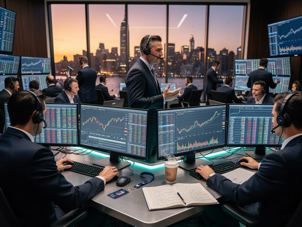 Trading desks with Bloomberg terminals displaying crypto charts, Bitcoin at $75K, Fear & Greed at 27, and MarketBeat data amid market dips