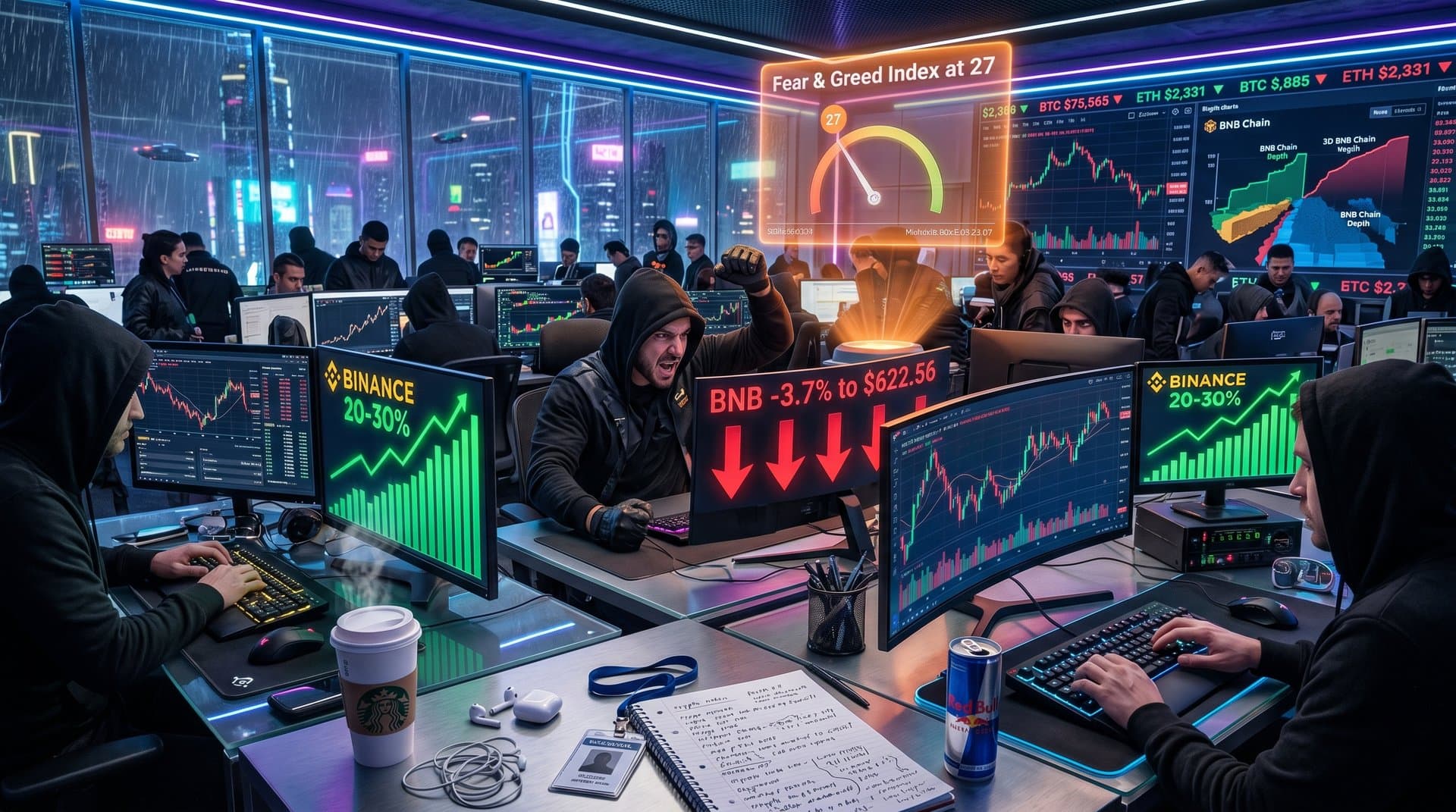 Crypto trading screens show BNB at $622 dip with surging volumes and Fear & Greed at 27