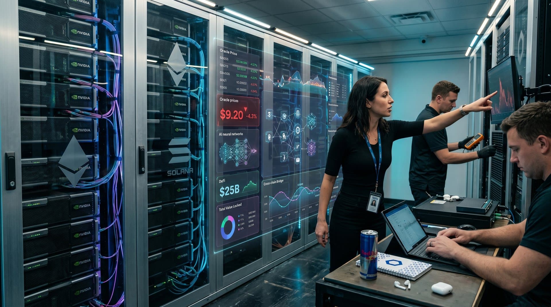 Tech dashboard with Chainlink oracle data, AI neural networks, GPU racks, and blockchain graphs in modern server room