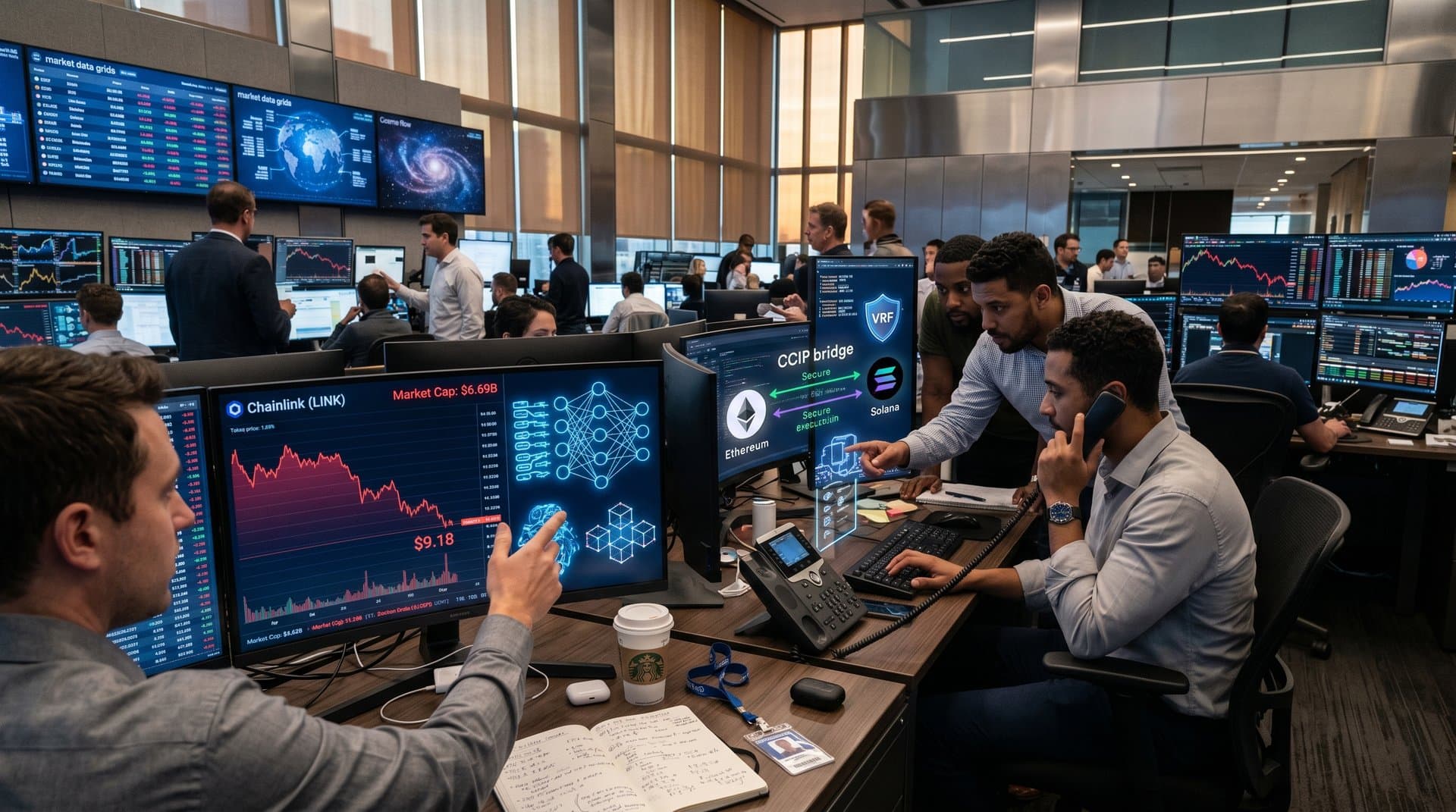 Abstract Chainlink oracle data streams into AI networks amid falling crypto charts on blockchain grid