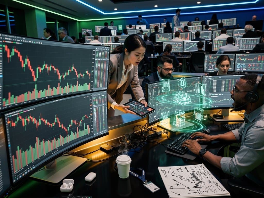 Traders monitor Hyperliquid HYPE crypto charts and volumes on multi-screens in modern trading floor