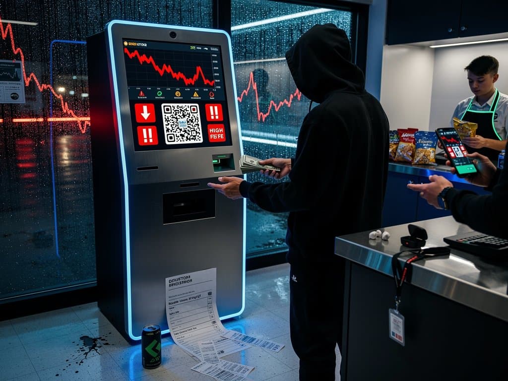 Crypto ATM kiosk in convenience store displaying scam QR code and dipping Bitcoin price amid fear alerts