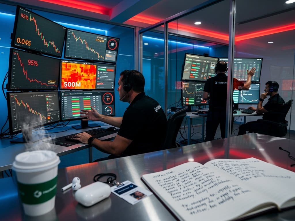 Technicians monitor blockchain crash data in secure server room with LED racks and diagnostic screens