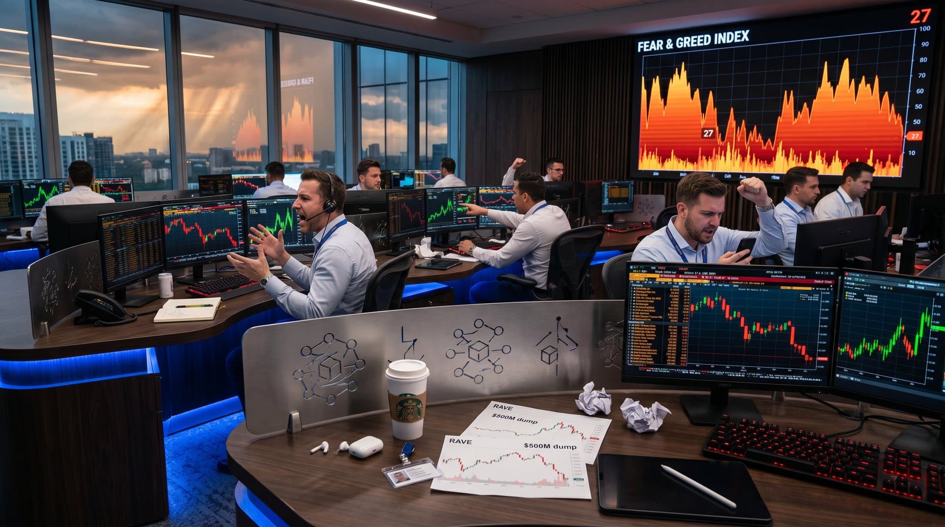 High-tension trading floor showing red RAVE cryptocurrency charts crashing 95%, Fear & Greed Index at 27 on Bloomberg terminals