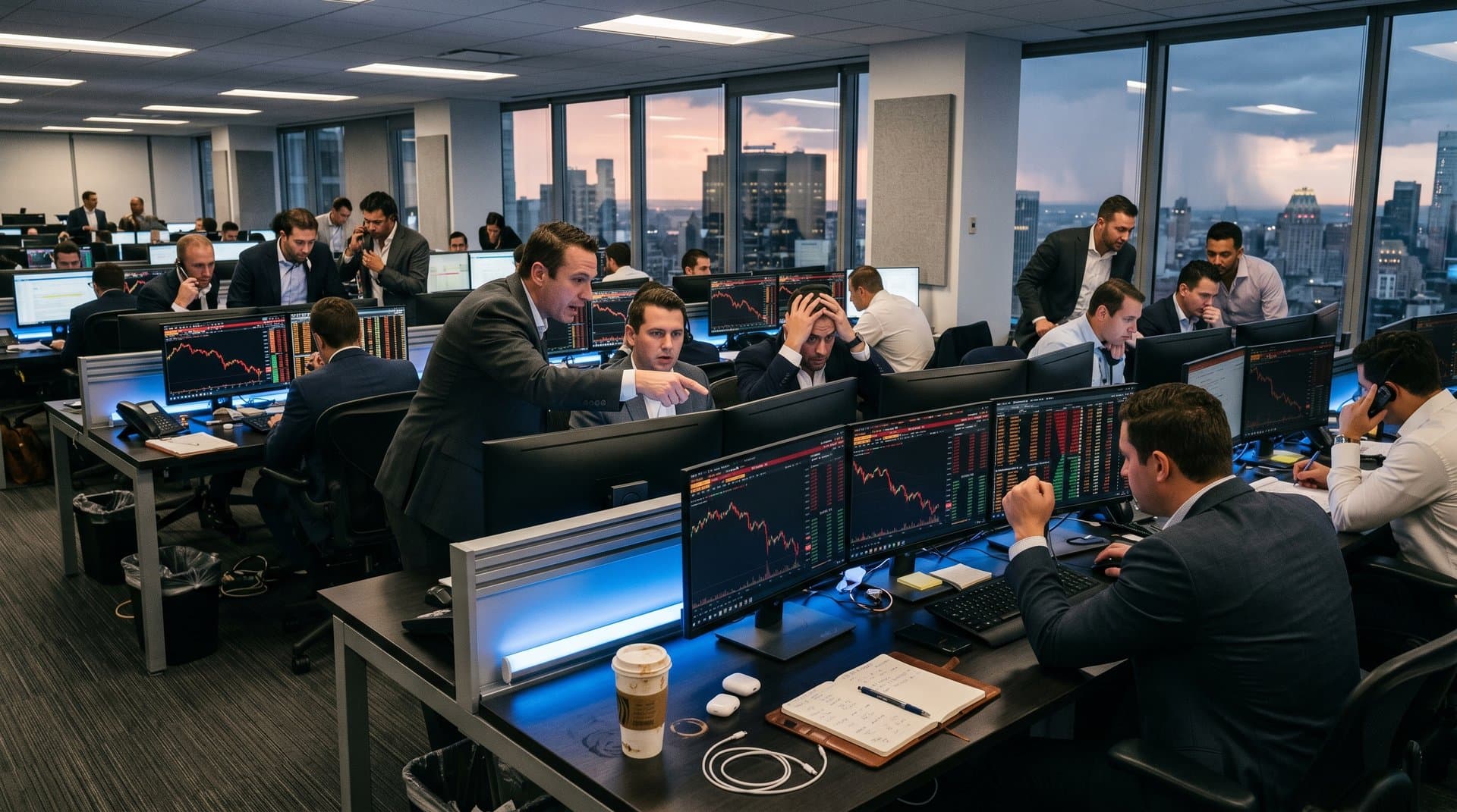 Crypto traders monitoring red charts and wallet dumps on trading floor amid token crash