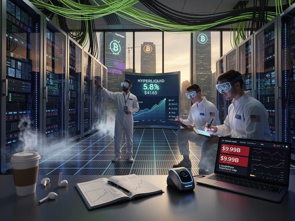 Engineers monitor server racks and Bloomberg terminals in a Tier IV data center amid glowing LEDs and raised floor tiles