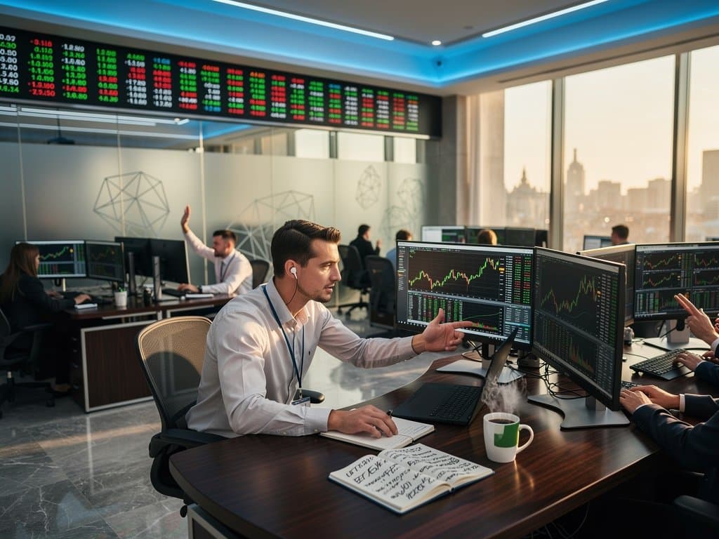 Traders at multi-monitor desks on Sberbank floor with BTC charts, Bloomberg terminals, and city view through glass walls