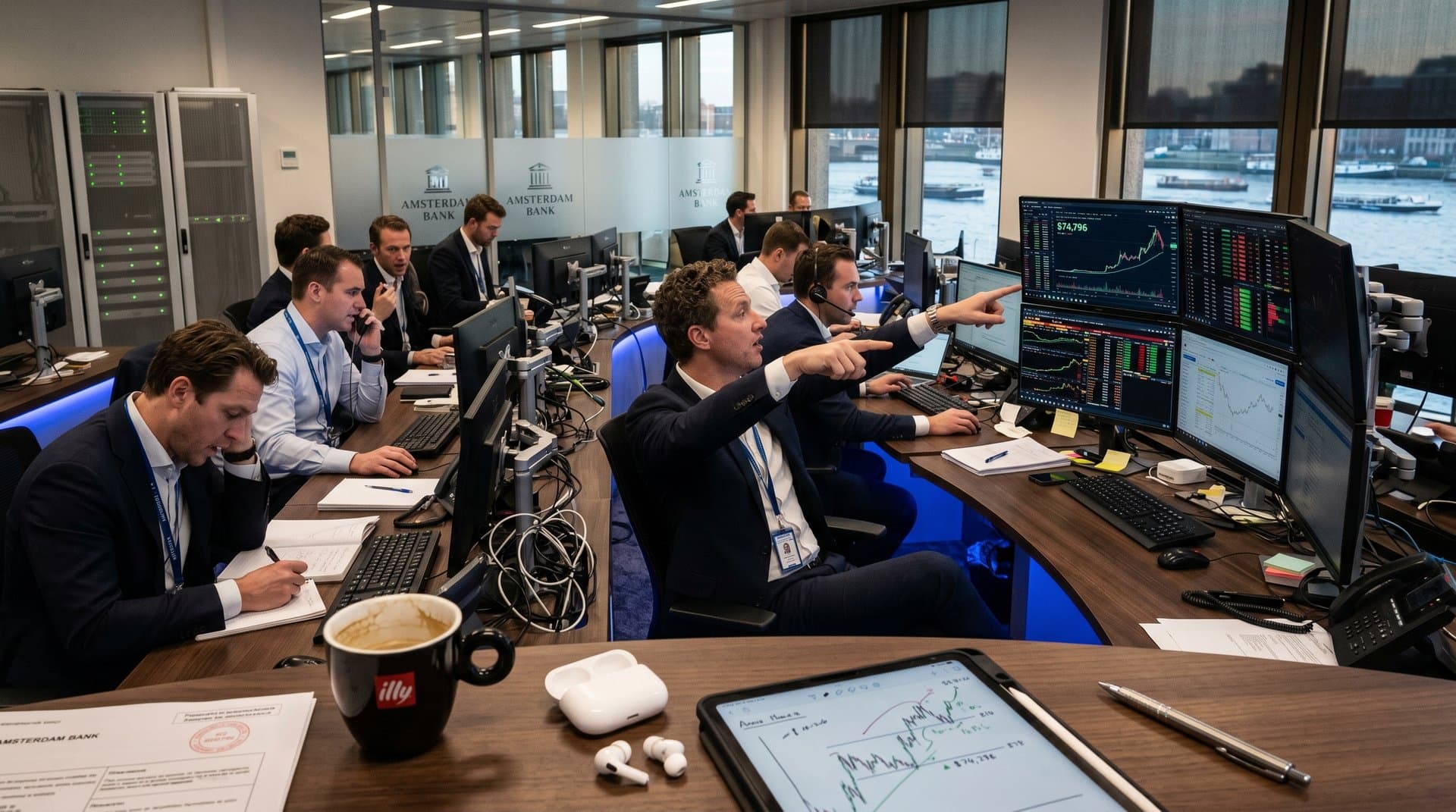 Modern bank trading floor with multi-monitors showing crypto charts, blockchain metrics, and MiCA icons in glass-walled office overlooking river