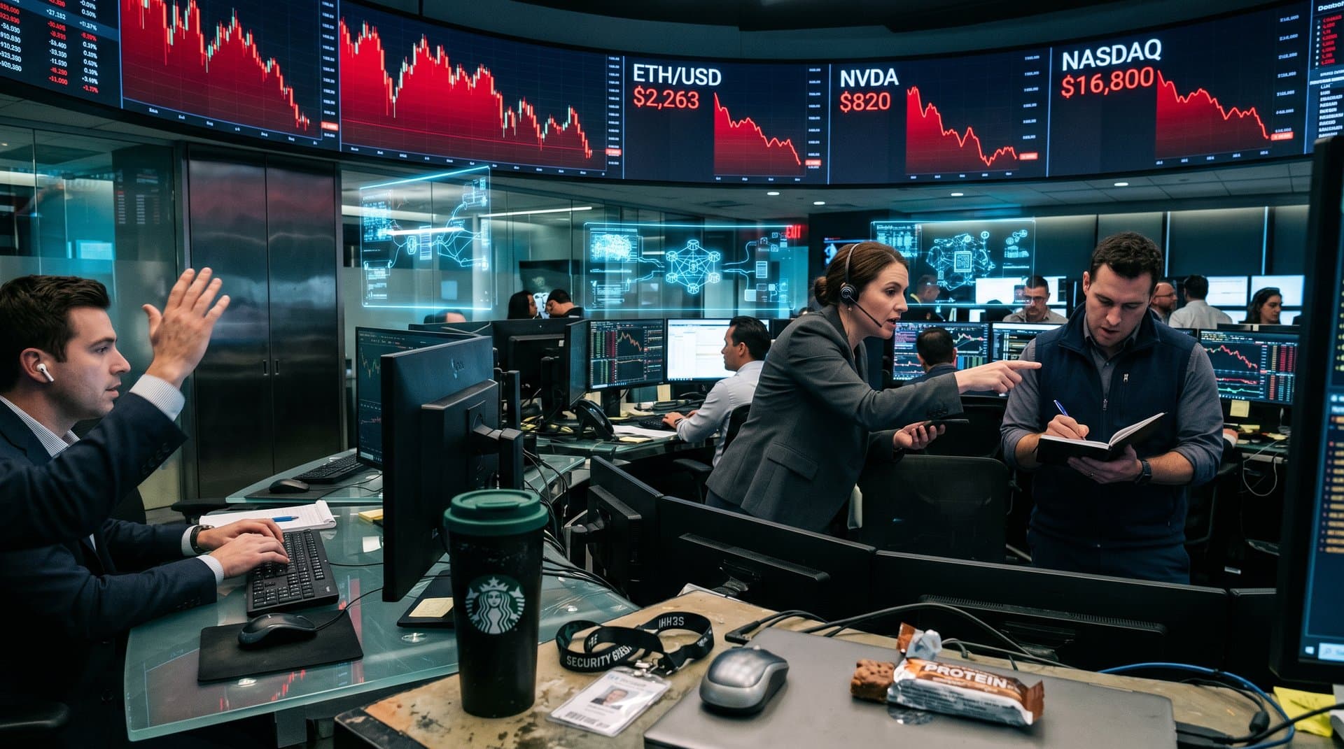 High-tech screens display falling Ethereum price charts amid AI neural networks, tech stocks, and Fed rate visuals