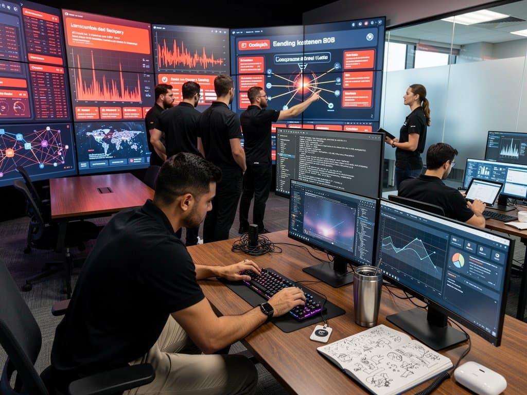 Cybersecurity team monitors Kelp DAO hack alerts on video walls in high-tech operations center with servers and dashboards