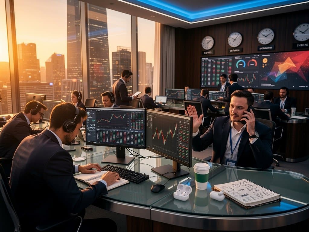 Trading floor monitors Bitcoin at $74K and Fear & Greed at 29 amid market dip charts