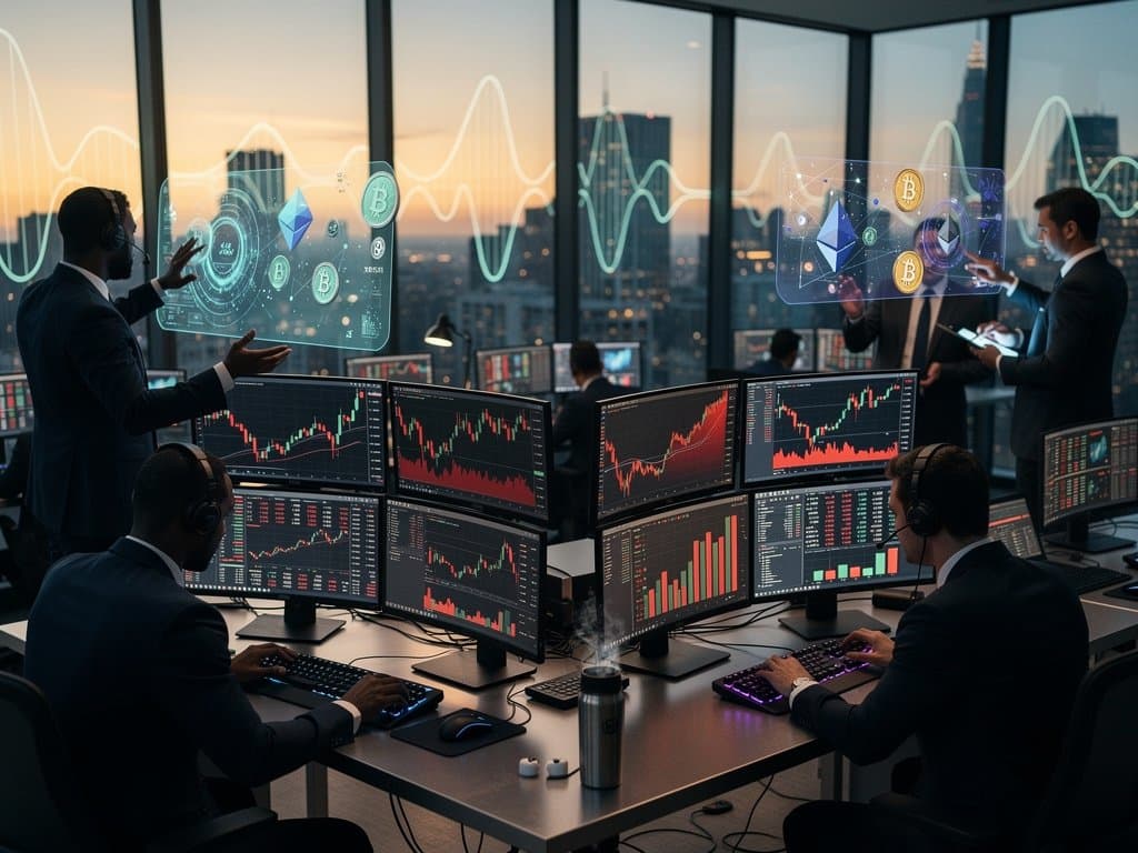High-tech trading desk with monitors showing MemeCore red candlestick charts dropping to $3.43, analysts in background, city skyline view