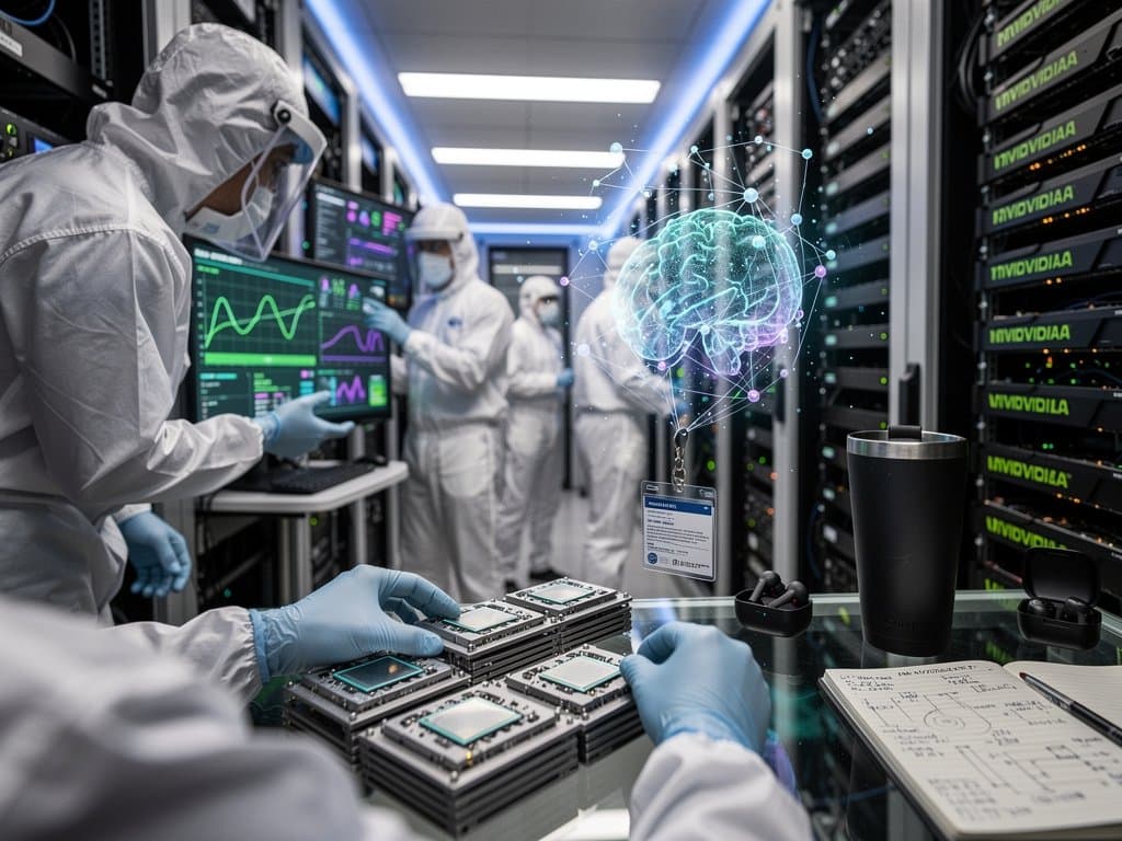 Glowing AI semiconductor racks in high-tech data center with neural network holograms and server farms