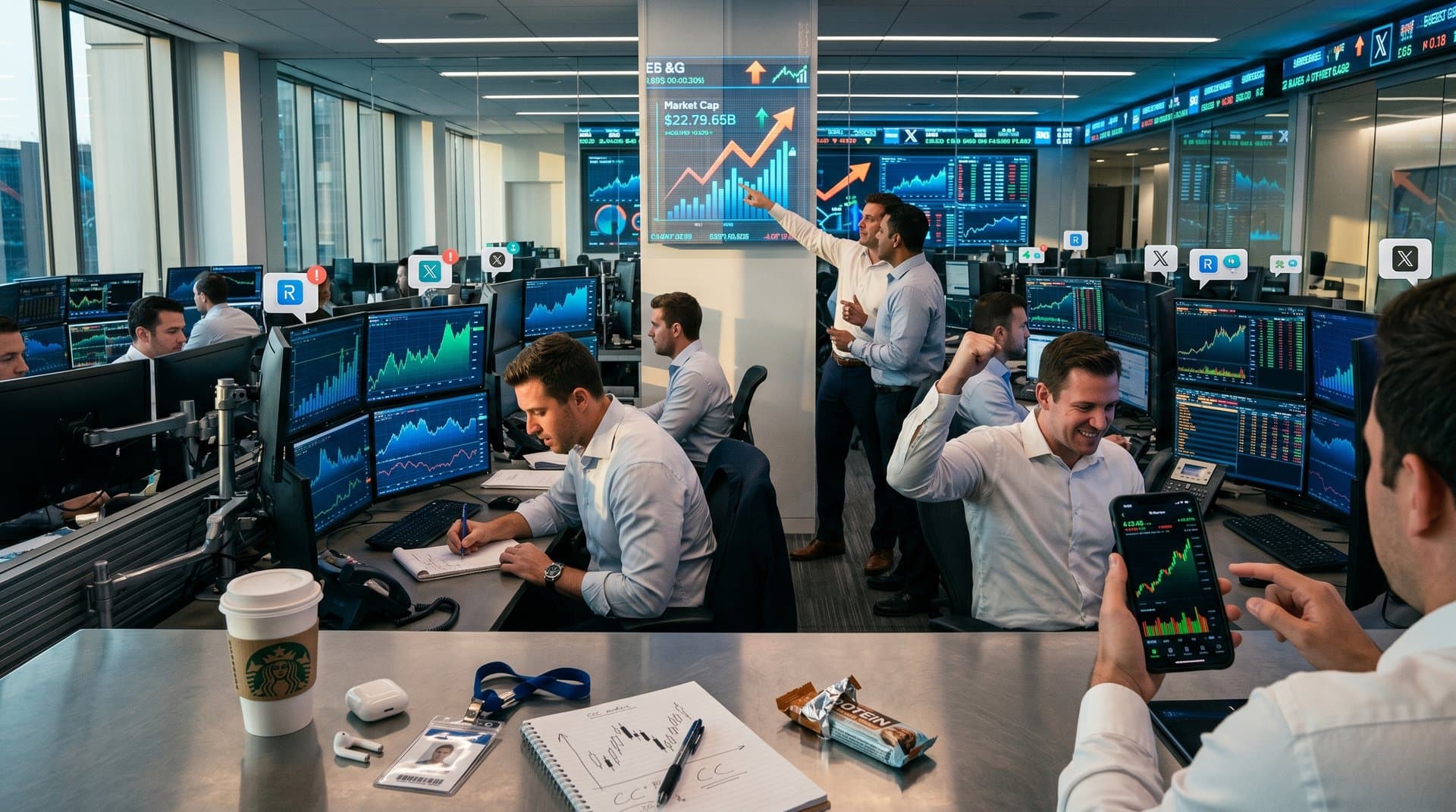 Abstract glowing stock charts of Canton (CC) surging to $0.15 with retail app icons and volume graphs in cyberpunk style