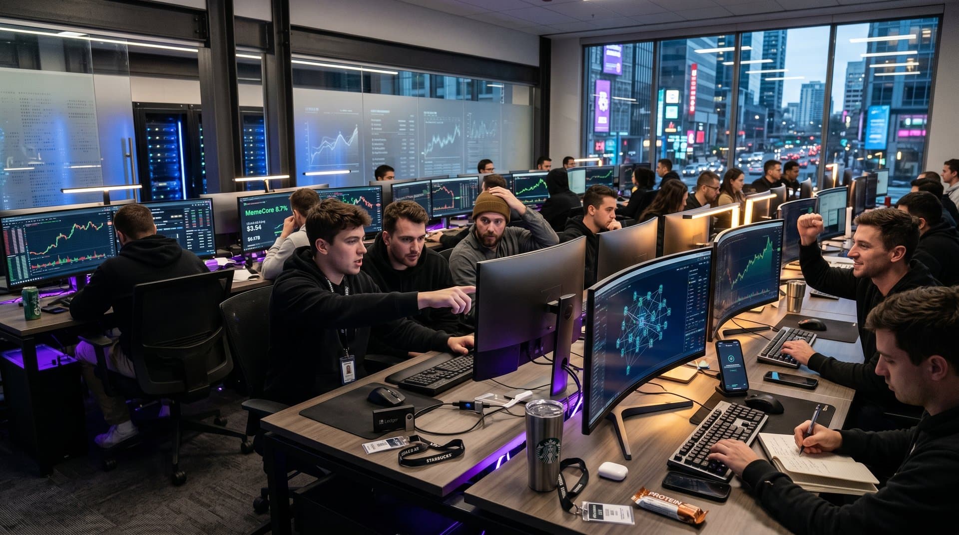 Crypto traders monitor MemeCore surge charts and cyber alerts in high-tech operations center with server racks