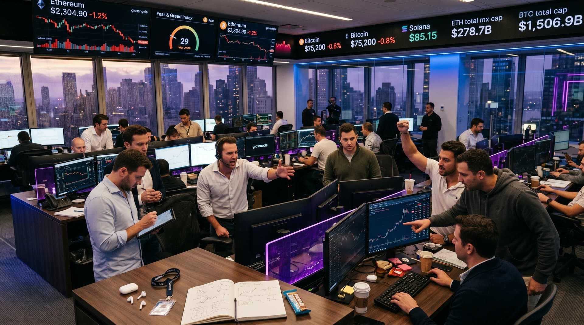 Traders monitor Ethereum charts on multi-monitor setups amid red market displays and Fear & Greed Index at 29