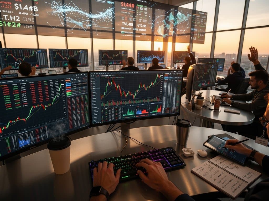 Trading floor monitors Hyperliquid HYPE price drop to $40.91 amid crypto volatility and high DeFi perps volumes