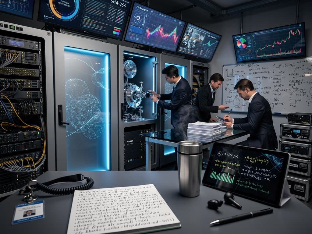 Quantum lab with cryogenic qubit system, blockchain simulations, and crypto price charts on displays amid server racks