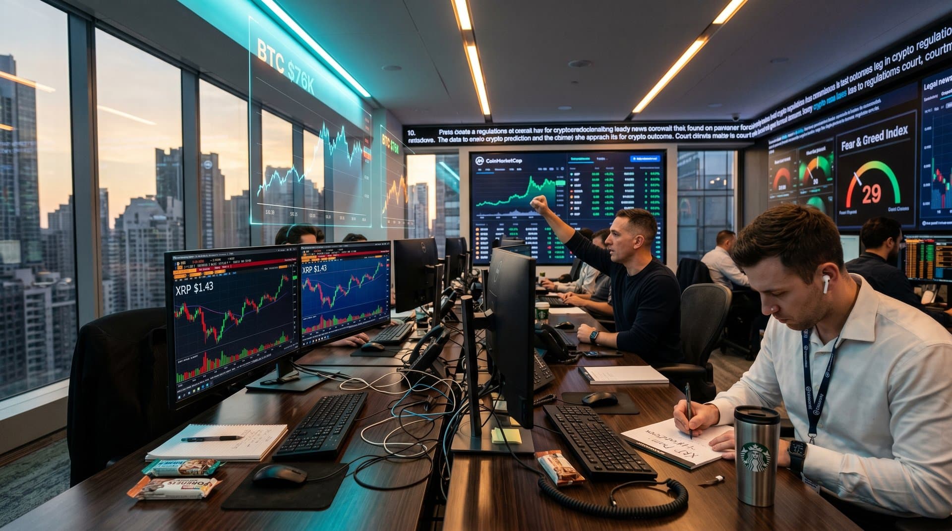 Crypto trading floor with XRP charts on Bloomberg terminals and multi-monitor tickers in modern financial hub