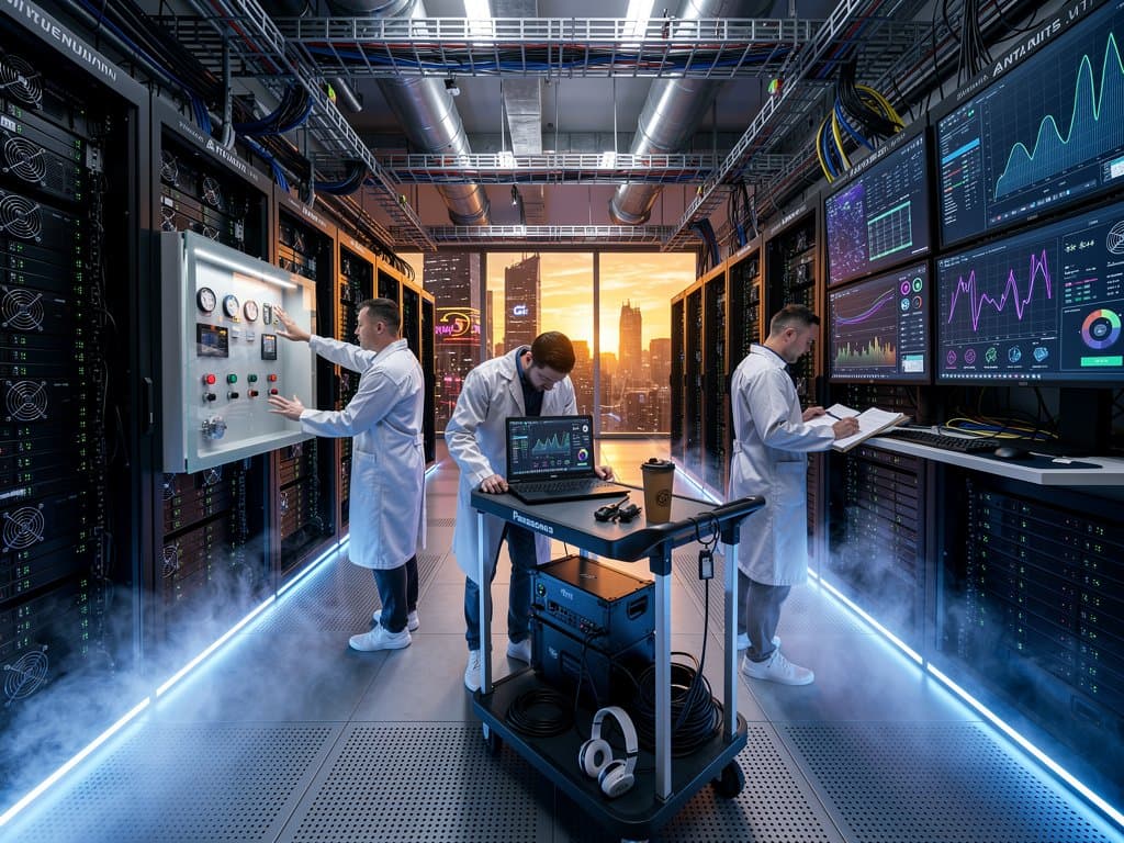 Glowing ASIC server racks and BTC price screens in Tier IV data center with raised floors and city view