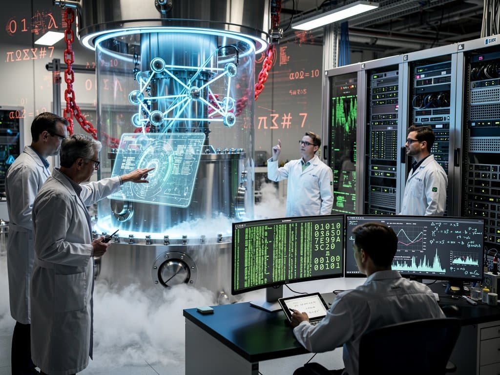 Quantum lab with dilution refrigerator, qubit holograms, and blockchain simulations on monitors in high-tech environment