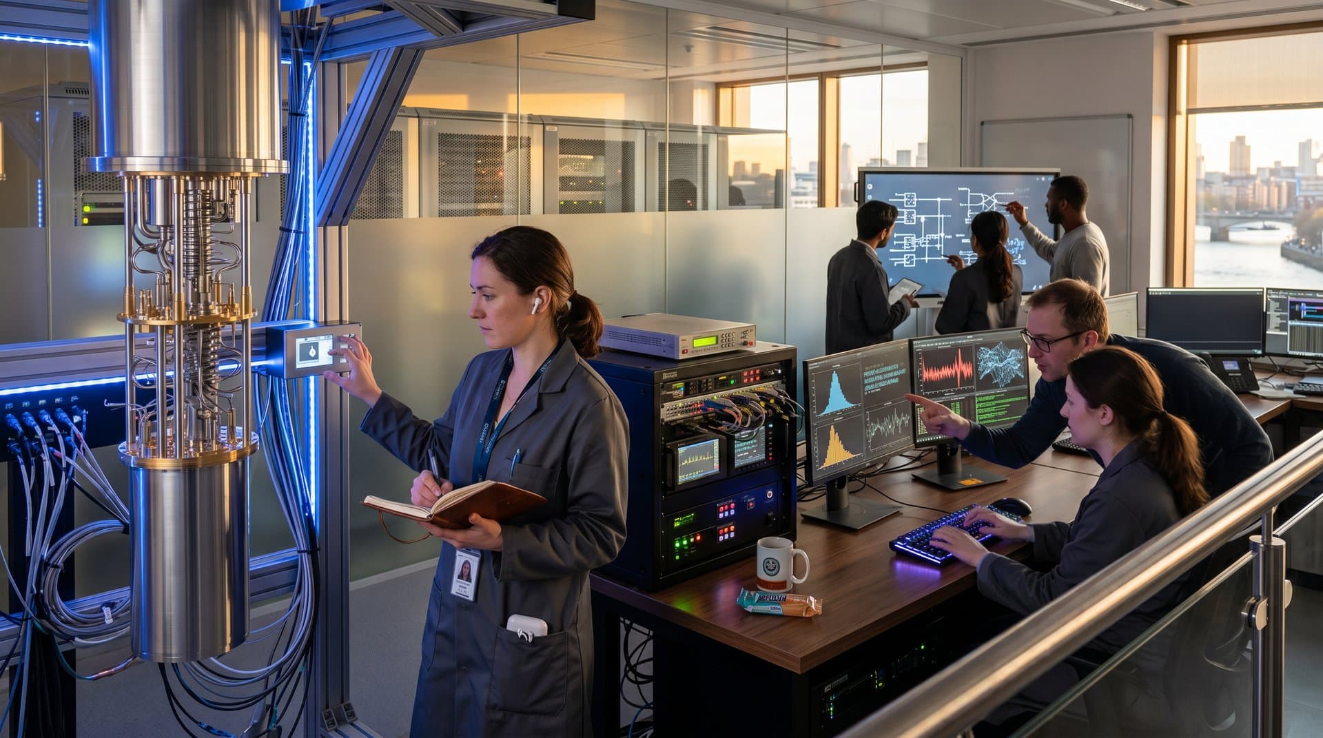 Quantum processor and Bitcoin security visualizations in high-tech lab with control racks and charts