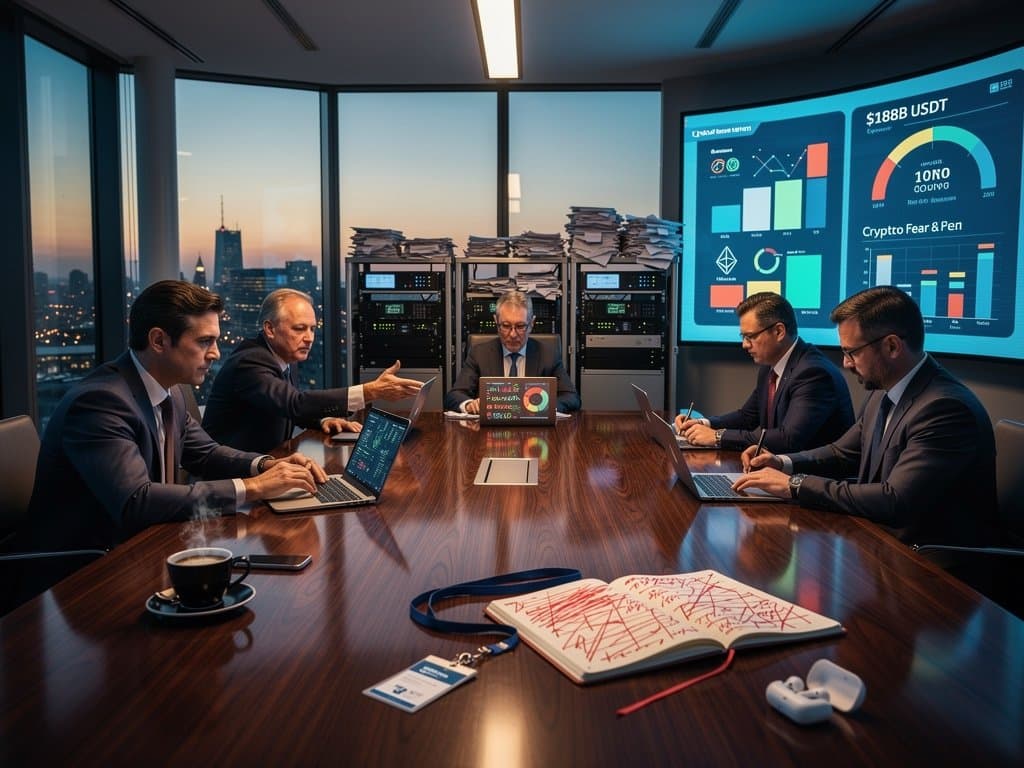 Regulators at ECB atrium table review USDT charts on Bloomberg screens amid glass walls and conference activity