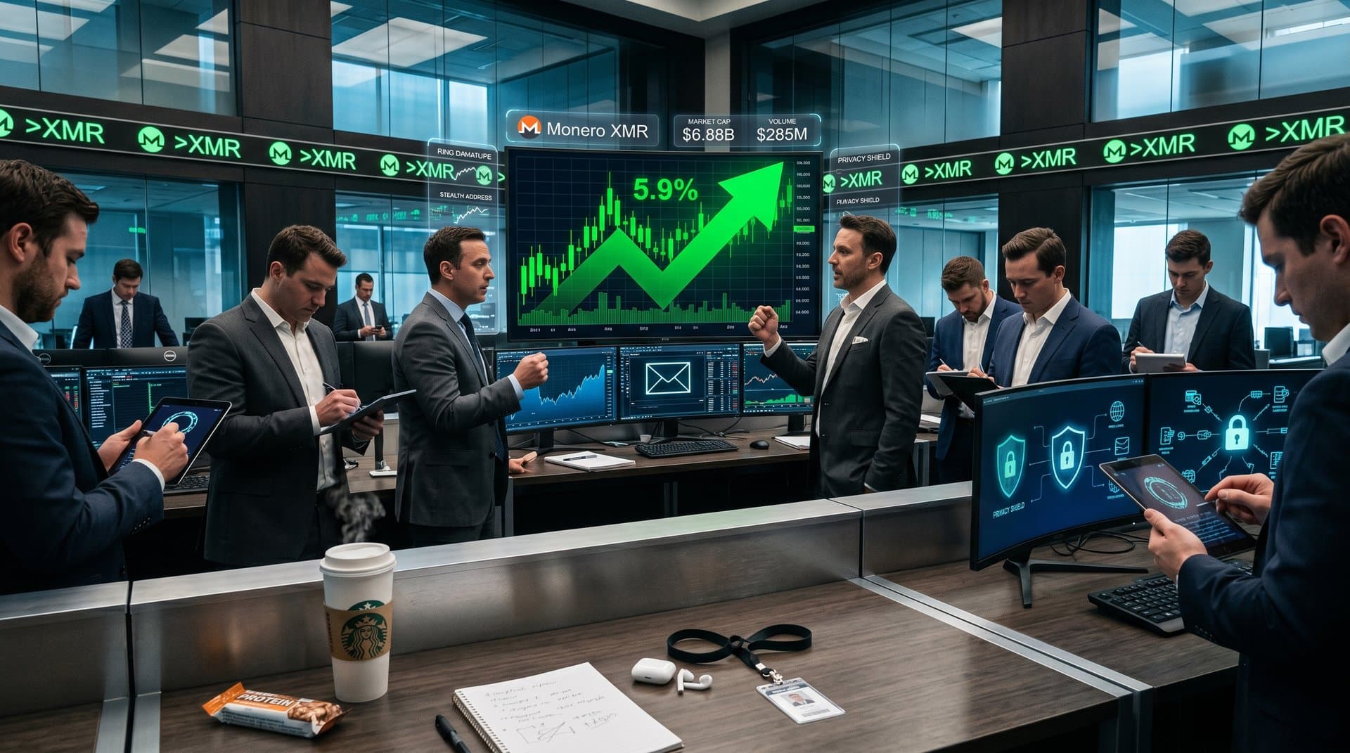 Monero XMR price chart surging amid privacy tech visuals and market data