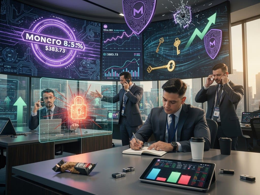 Abstract Monero blockchain visualization with ring signatures, stealth addresses, and privacy shields in neon purple and blue